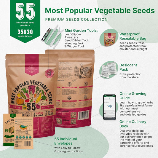 55 Vegetable Seeds Variety Pack - 35,600+ Non-Gmo Heirloom Seeds for Planting Vegetables and Fruits in Individual Seed Packets, Home Garden Seeds for Hydroponic, Indoor and Outdoors Gardening